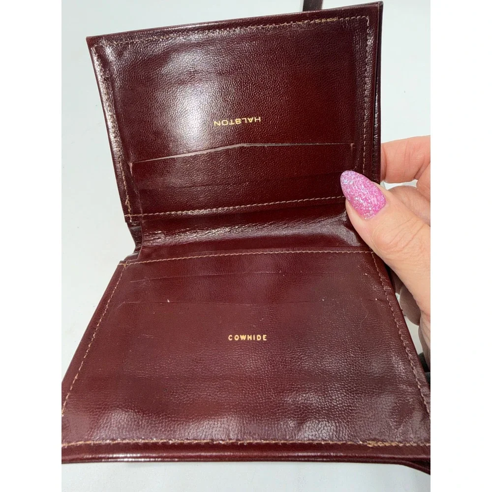 Halston Mens Burgundy Cowhide Leather Bifold Wallet Slim Card Case